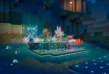 Minecraft Dungeons II heroes confront enemies on a platform in a glowing water-filled area