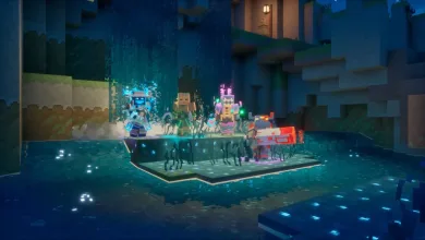 Minecraft Dungeons II heroes confront enemies on a platform in a glowing water-filled area