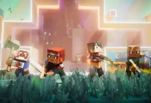 Four Minecraft Dungeons II characters run through a grassy pixel-art landscape with weapons drawn.