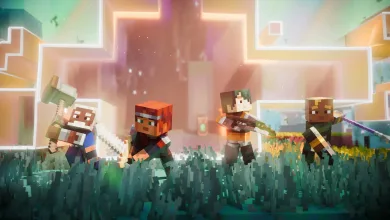 Four Minecraft Dungeons II characters run through a grassy pixel-art landscape with weapons drawn.