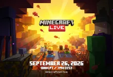 Minecraft Live announcement artwork showing blocky characters and creatures in a glowing Minecraft scene, with text announcing September 26, 2026, at 10 a.m. PT and 7 p.m. CEST.