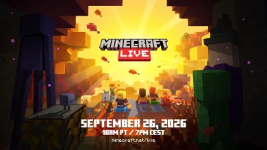 Minecraft Live announcement artwork showing blocky characters and creatures in a glowing Minecraft scene, with text announcing September 26, 2026, at 10 a.m. PT and 7 p.m. CEST.