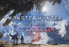 Monster Hunter Wilds: Ascendance artwork showing hunters and a flying creature beneath a large cavern opening