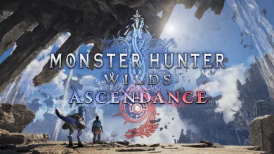 Monster Hunter Wilds: Ascendance artwork showing hunters and a flying creature beneath a large cavern opening