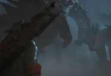 A hunter faces a massive silhouetted monster beneath a rocky arch in Monster Hunter Wilds: Ascendance