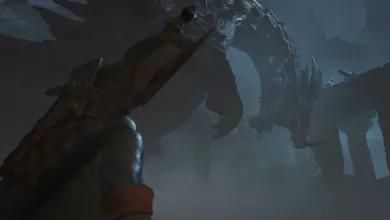 A hunter faces a massive silhouetted monster beneath a rocky arch in Monster Hunter Wilds: Ascendance