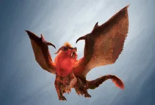 Teostra flying against a pale sky in Monster Hunter Wilds: Ascendance
