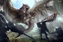 Several Monster Hunter: World hunters attack a giant monster together in a forest