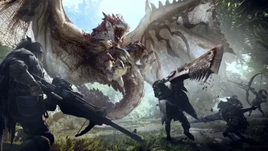 Several Monster Hunter: World hunters attack a giant monster together in a forest
