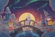 Moomintroll and two friends cross a wooden bridge through a snowy landscape beneath a full moon