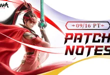 NARAKA: BLADEPOINT artwork showing a red-clad warrior beside the 09/16 PT patch notes date