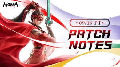 NARAKA: BLADEPOINT artwork showing a red-clad warrior beside the 09/16 PT patch notes date
