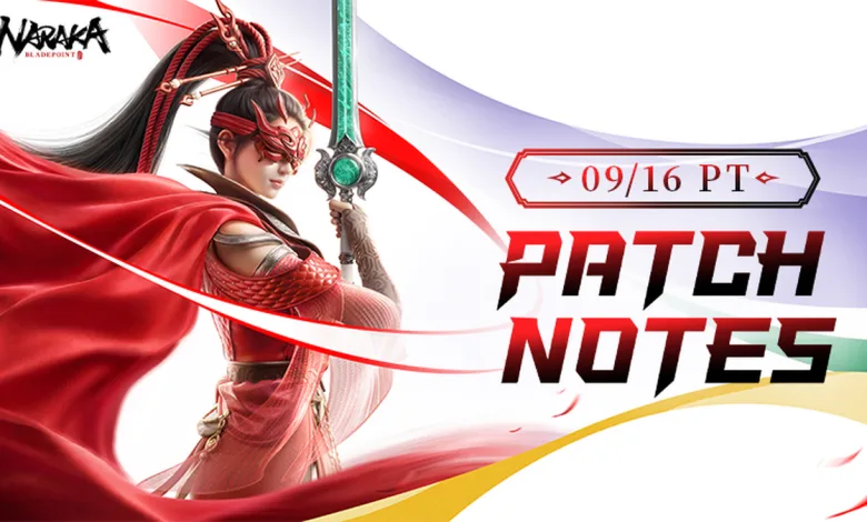 NARAKA: BLADEPOINT artwork showing a red-clad warrior beside the 09/16 PT patch notes date