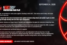 NBA 2K27 Protecting Fair Play announcement describing permanent bans for accounts using cheats and input manipulation