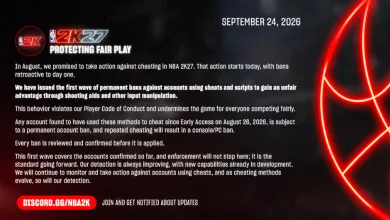 NBA 2K27 Protecting Fair Play announcement describing permanent bans for accounts using cheats and input manipulation