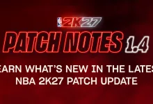 Red NBA 2K27 graphic announcing Patch Notes 1.4 and the latest game update