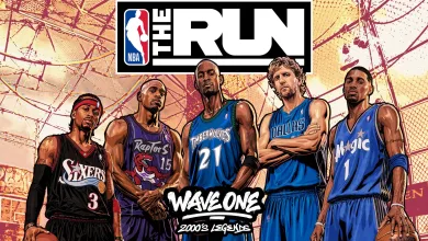 Illustrated NBA The Run artwork shows five basketball legends in team uniforms beneath the game's logo.