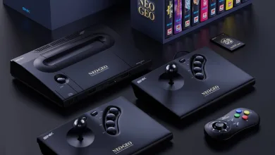 Neo Geo AES+ console surrounded by arcade sticks, a gamepad, and Neo Geo game cartridges
