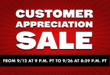 Red promotional graphic announcing Nintendo's Customer Appreciation Sale from September 12 at 9 p.m. PT to September 26 at 8:59 p.m. PT.