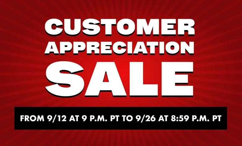 Red promotional graphic announcing Nintendo's Customer Appreciation Sale from September 12 at 9 p.m. PT to September 26 at 8:59 p.m. PT.