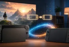 A docked Nintendo Switch 2 and a handheld Nintendo Switch 2 connected by a glowing data-transfer arrow.
