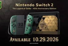 Zelda 40th Anniversary Edition Nintendo Switch 2 console with decorated dock and green Joy-Con controllers
