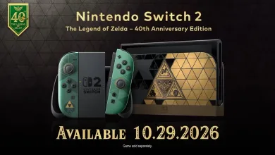 Zelda 40th Anniversary Edition Nintendo Switch 2 console with decorated dock and green Joy-Con controllers