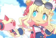 Colorful anime-style game character with blonde hair and goggles holding a pink weapon against a bright blue sky