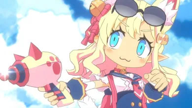 Colorful anime-style game character with blonde hair and goggles holding a pink weapon against a bright blue sky
