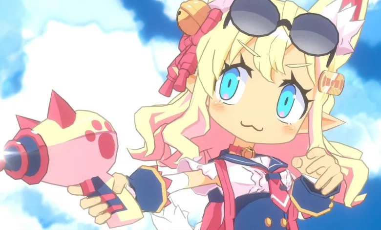 Colorful anime-style game character with blonde hair and goggles holding a pink weapon against a bright blue sky
