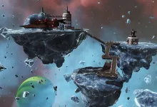 A spacecraft and orbital structures sit on floating asteroids in No Man’s Sky Cosmos.