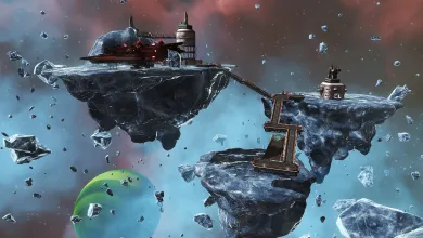 A spacecraft and orbital structures sit on floating asteroids in No Man’s Sky Cosmos.
