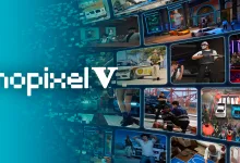 The nopixel V logo appears beside a collage of Los Santos roleplay scenes, including characters, vehicles, interiors, and city locations.