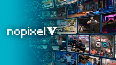 The nopixel V logo appears beside a collage of Los Santos roleplay scenes, including characters, vehicles, interiors, and city locations.