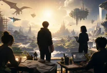 Game designers work at desks while viewing a fantastical game world, representing the Nova Games Foundation fellowship.