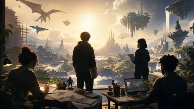 Game designers work at desks while viewing a fantastical game world, representing the Nova Games Foundation fellowship.