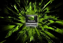 NVIDIA GeForce logo centered amid bright green shards on a black background.