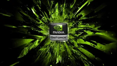 NVIDIA GeForce logo centered amid bright green shards on a black background.