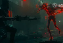 A dark combat scene shows a figure confronting a red, glowing humanoid while the Official PlayStation Podcast logo appears in the upper right.