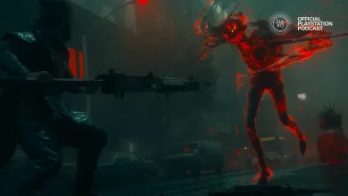 A dark combat scene shows a figure confronting a red, glowing humanoid while the Official PlayStation Podcast logo appears in the upper right.
