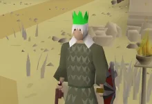 Old School RuneScape player character wearing green armor in a rocky area