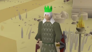 Old School RuneScape player character wearing green armor in a rocky area