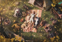 Overhead view of a Once Human character resting on a picnic blanket among several animals and outdoor supplies.