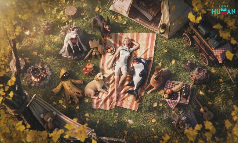 Overhead view of a Once Human character resting on a picnic blanket among several animals and outdoor supplies.