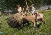 Two Once Human characters ride a deer and a buffalo through a grassy field.