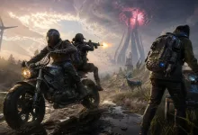 A post-apocalyptic motorcycle carries two armed survivors as the rear passenger fires toward a strange red tower.
