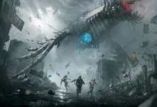Once Human characters move through a ruined city beneath a massive floating structure