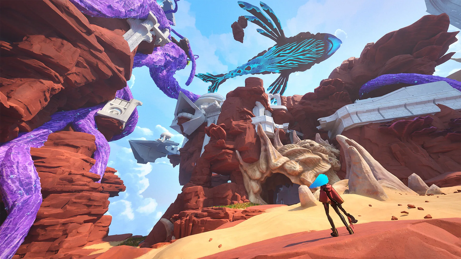 One moves through a red-rock canyon beneath a floating creature