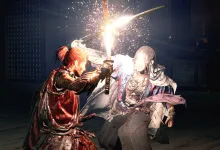 Miyamoto Musashi clashes swords with an enemy during a parry in Onimusha: Way of the Sword.