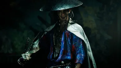 A samurai in Onimusha: Way of the Sword holds a sword beneath a conical hat in a dark setting.